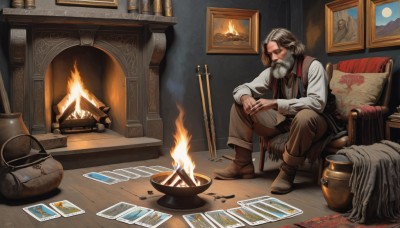 solo,brown hair,1boy,jewelry,sitting,closed eyes,weapon,white hair,grey hair,male focus,boots,pants,sword,indoors,vest,pillow,facial hair,chair,brown footwear,fire,beard,wooden floor,card,mustache,photo (object),brown pants,old,playing card,picture frame,painting (object),rug,fireplace,shirt,long sleeves