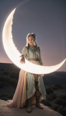 1girl,solo,long hair,looking at viewer,brown hair,black hair,dress,brown eyes,closed mouth,standing,full body,ponytail,boots,outdoors,sky,cape,armor,lips,night,brown footwear,moon,knee boots,crescent moon,jewelry,parted lips,artist name,signature,hair bun,single hair bun,crescent,rock,mountain,realistic