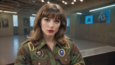 1girl,solo,long hair,looking at viewer,bangs,brown hair,brown eyes,jewelry,closed mouth,jacket,upper body,earrings,indoors,medium hair,blurry,uniform,lips,military,military uniform,makeup,lipstick,pocket,realistic,red lips,breast pocket,camouflage,badge,camouflage jacket,shirt,parted lips,blurry background,insignia