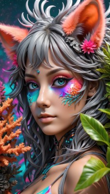 1girl,solo,long hair,breasts,looking at viewer,bangs,blue eyes,hair ornament,animal ears,cleavage,jewelry,medium breasts,closed mouth,green eyes,upper body,flower,grey hair,choker,artist name,cat ears,hair flower,necklace,blurry,from side,aqua eyes,lips,fox ears,eyelashes,makeup,leaf,facial mark,plant,lipstick,slit pupils,portrait,close-up,pink flower,eyeshadow,pink lips,nose,eyeliner,facepaint,mascara,bare shoulders,freckles,fish,antlers,coral