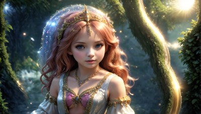 HQ,1girl,solo,long hair,breasts,looking at viewer,blue eyes,brown hair,hair ornament,dress,cleavage,bare shoulders,jewelry,medium breasts,collarbone,upper body,small breasts,outdoors,parted lips,detached sleeves,necklace,white dress,blurry,tree,lips,leaf,wavy hair,sunlight,tiara,plant,gem,nature,veil,forest,curly hair,circlet,light rays,realistic,vines,blush,red hair,bra,freckles