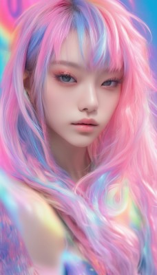 1girl,solo,long hair,looking at viewer,bangs,jewelry,closed mouth,blue hair,upper body,pink hair,multicolored hair,parted lips,black eyes,two-tone hair,lips,grey eyes,eyelashes,makeup,piercing,eyeshadow,pink lips,realistic,nose,eyeliner,mascara,earrings,artist name,blurry,streaked hair,watermark,expressionless,ear piercing,portrait