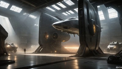 HQ,1girl,1boy,standing,artist name,indoors,signature,military,window,robot,ground vehicle,scenery,mecha,1other,machinery,reflection,science fiction,realistic,aircraft,military vehicle,light,multiple others,vehicle focus,spacecraft,cockpit,solo,sunlight,motor vehicle,car,airplane