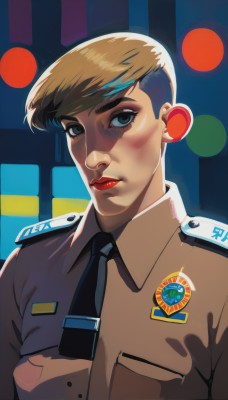 1girl,solo,looking at viewer,short hair,bangs,blue eyes,blonde hair,brown hair,shirt,1boy,closed mouth,upper body,male focus,necktie,collared shirt,uniform,lips,military,military uniform,makeup,lipstick,black necktie,red lips,very short hair,undercut,badge,police,police uniform,jewelry,earrings,eyelashes,eyeshadow,policewoman