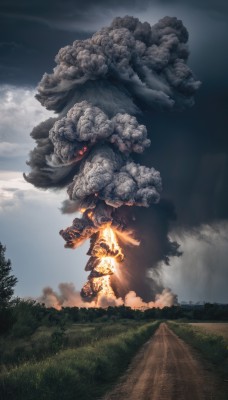 red eyes,outdoors,sky,day,cloud,tree,no humans,glowing,cloudy sky,grass,fire,nature,scenery,forest,smoke,monster,mountain,explosion,landscape,military vehicle