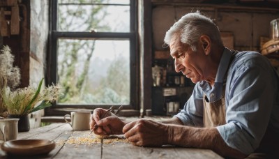 solo,short hair,shirt,1boy,holding,sitting,closed mouth,white shirt,upper body,white hair,grey hair,male focus,day,collared shirt,indoors,blurry,apron,from side,tree,cup,window,profile,blurry background,facial hair,chair,table,plant,beard,sleeves rolled up,mug,realistic,potted plant,old,coffee,old man,wrinkled skin,flower,glasses,dress shirt,suspenders,pen,manly,writing,arm hair