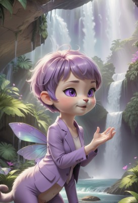 1girl,solo,blush,smile,short hair,open mouth,shirt,long sleeves,navel,standing,purple eyes,jacket,tail,white shirt,purple hair,flower,outdoors,parted lips,open clothes,wings,teeth,pussy,day,pants,water,open jacket,tree,loli,leaning forward,leaf,formal,sunlight,suit,plant,nature,furry,wading,forest,light rays,furry female,fairy wings,fairy,purple jacket,mushroom,waterfall,animal ears,artist name,watermark,bug,web address,pond,insect wings