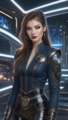 1girl,solo,long hair,breasts,looking at viewer,brown hair,gloves,cleavage,brown eyes,jewelry,medium breasts,closed mouth,standing,cowboy shot,earrings,belt,blurry,lips,bodysuit,makeup,lipstick,science fiction,hoop earrings,realistic,nose,black bodysuit,red lips,eyeliner,long sleeves,holding,weapon,artist name,signature,mole,gun,eyeshadow