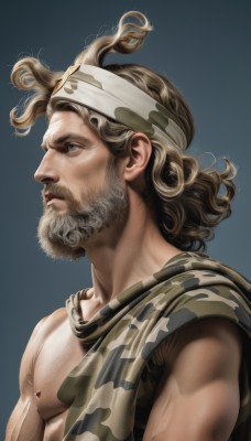 solo,blue eyes,blonde hair,simple background,brown hair,1boy,nipples,upper body,male focus,scarf,from side,lips,profile,muscular,headband,facial hair,blue background,beard,curly hair,mature male,realistic,mustache,manly,camouflage,pectorals,bandana