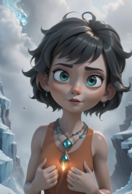 1girl,solo,breasts,looking at viewer,blush,smile,short hair,open mouth,bangs,shirt,black hair,bare shoulders,jewelry,green eyes,collarbone,upper body,earrings,small breasts,outdoors,parted lips,sky,teeth,sleeveless,day,artist name,cloud,signature,necklace,flat chest,aqua eyes,lips,bare arms,eyelashes,glowing,watermark,cloudy sky,tank top,gem,child,web address,pendant,freckles,crystal,female child,dress,messy hair,backlighting,nose,orange shirt