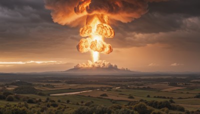 outdoors,sky,cloud,no humans,cloudy sky,grass,fire,nature,scenery,sunset,mountain,horizon,field,explosion,landscape,orange theme,burning,molten rock,ocean