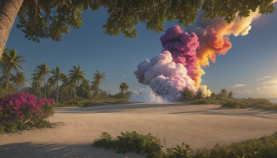 flower,outdoors,sky,day,artist name,cloud,signature,tree,blue sky,no humans,shadow,beach,sunlight,cloudy sky,grass,plant,nature,scenery,pink flower,sunset,sand,palm tree,road,bush,summer,evening,forest