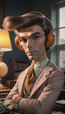 solo,looking at viewer,brown hair,shirt,gloves,long sleeves,1boy,brown eyes,closed mouth,jacket,white shirt,upper body,male focus,necktie,glasses,black gloves,collared shirt,indoors,lips,book,facial hair,headphones,formal,crossed arms,suit,desk,headset,realistic,nose,round eyewear,bookshelf,lamp,computer,yellow necktie,keyboard (computer),short hair,artist name,blurry,vest,window,blurry background,thick eyebrows,watch,brown jacket,wristwatch,brown vest,brown necktie