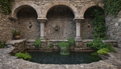 outdoors,tree,no humans,window,grass,plant,building,scenery,stairs,door,potted plant,road,bush,wall,ruins,pillar,statue,arch,moss,stone floor,stone wall,lantern,architecture,brick wall,path,stone,column,pavement,brick,brick floor