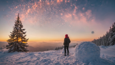 1girl, solo, standing, red hair, boots, outdoors, sky, pants, cloud, from behind, scarf, tree, coat, night, star (sky), nature, scenery, snow, forest, mountain, wide shot, winter, pine tree