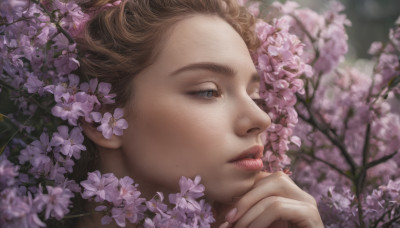 1girl, solo, blue eyes, brown hair, flower, parted lips, mole, blurry, lips, bug, cherry blossoms, realistic