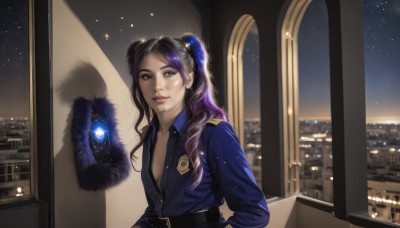 1girl,solo,long hair,breasts,looking at viewer,smile,shirt,black hair,long sleeves,cleavage,twintails,brown eyes,medium breasts,upper body,purple hair,multicolored hair,sky,belt,indoors,uniform,two-tone hair,lips,window,night,building,star (sky),night sky,starry sky,reflection,black belt,city,realistic,nose,cityscape,police,police uniform,policewoman,bangs,small breasts,parted lips,blue shirt