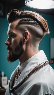 solo,short hair,brown hair,shirt,1boy,brown eyes,jewelry,closed mouth,white shirt,upper body,male focus,earrings,necktie,collared shirt,indoors,dark skin,necklace,blurry,from side,profile,blurry background,facial hair,dark-skinned male,suspenders,beard,realistic,mustache,stud earrings,artist name,vest,lips,looking away,portrait,undercut,brown necktie