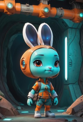 1girl,solo,smile,animal ears,brown eyes,standing,full body,bag,chibi,rabbit ears,colored skin,helmet,furry,science fiction,blue skin,rabbit girl,furry female,space,alien,energy sword,spacecraft,spacesuit,buck teeth,yordle,space helmet,astronaut,looking at viewer,red eyes,gloves,boots,vest,fake animal ears,robot,pouch,rabbit,animal nose,lightsaber