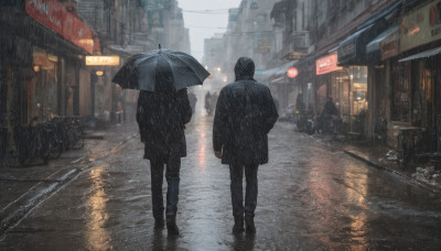 holding, jacket, outdoors, multiple boys, pants, from behind, dutch angle, night, umbrella, ground vehicle, building, scenery, motor vehicle, walking, rain, holding umbrella, city, sign, car, road, motorcycle, power lines, street, puddle, crosswalk, vanishing point