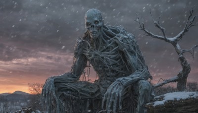 solo,looking at viewer,1boy,sitting,yellow eyes,male focus,outdoors,sky,teeth,cloud,tree,no humans,glowing,cloudy sky,glowing eyes,snow,skull,monster,snowing,mountain,ribs,skeleton,bare tree,alien,horror (theme),undead,scenery,branch