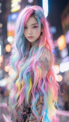 1girl,solo,long hair,looking at viewer,brown eyes,jewelry,very long hair,closed mouth,blue hair,standing,upper body,pink hair,multicolored hair,earrings,belt,nail polish,blurry,two-tone hair,lips,tattoo,makeup,depth of field,blurry background,wavy hair,topless,piercing,ring,lipstick,eyeshadow,realistic,nose,arm tattoo,bokeh,mascara,artist name,grey eyes,watermark,web address,colorful