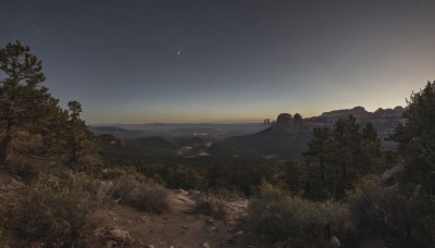 outdoors,sky,tree,no humans,night,moon,grass,plant,star (sky),nature,night sky,scenery,forest,starry sky,rock,mountain,crescent moon,landscape,mountainous horizon,hill,cloud,water,sunset,horizon