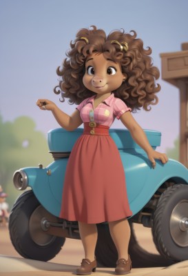 1girl,solo,long hair,breasts,looking at viewer,smile,multiple girls,skirt,brown hair,shirt,hair ornament,animal ears,cleavage,brown eyes,medium breasts,closed mouth,standing,collarbone,full body,short sleeves,small breasts,outdoors,sky,shoes,solo focus,day,collared shirt,artist name,hand up,signature,dark skin,blurry,dark-skinned female,tree,blue sky,plaid,buttons,depth of field,blurry background,red skirt,watermark,wavy hair,brown footwear,happy,ground vehicle,loafers,messy hair,motor vehicle,furry,pink skirt,freckles,curly hair,pocket,pink shirt,high-waist skirt,aged up,long skirt,furry female,female child,shirt tucked in,checkered clothes,car,body fur,big hair,motorcycle,animal nose,snout,brown fur,dress,jewelry,earrings,lips,arm support,ring,thick eyebrows,child