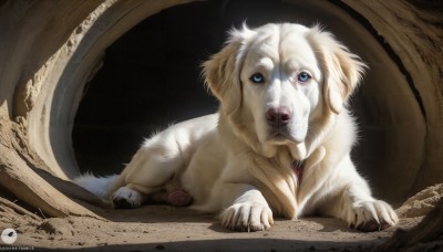 HQ,solo,looking at viewer,blue eyes,artist name,signature,no humans,animal,watermark,web address,claws,dog,realistic,animal focus,horror (theme),collar,on stomach