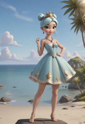 1girl,solo,breasts,looking at viewer,blush,smile,short hair,bangs,hair ornament,dress,bare shoulders,jewelry,closed mouth,blue hair,standing,collarbone,full body,earrings,small breasts,outdoors,sky,day,artist name,cloud,hand up,water,necklace,hair bun,black eyes,high heels,bracelet,tree,blue sky,lips,hand on hip,bare arms,bare legs,strapless,double bun,aqua hair,makeup,toes,blue dress,shadow,ocean,beach,brown footwear,short dress,sandals,thick eyebrows,tiara,crown,lipstick,gem,strapless dress,armlet,beads,rock,pink lips,sand,palm tree,red lips,blue gemstone,aqua dress,blue eyes,green hair,anklet,mini crown