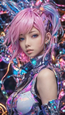 1girl,solo,breasts,looking at viewer,short hair,bangs,blue eyes,hair ornament,bare shoulders,jewelry,medium breasts,upper body,ponytail,pink hair,multicolored hair,earrings,parted lips,sleeveless,blurry,from side,lips,eyelashes,makeup,blurry background,science fiction,nose,cyberpunk,blue hair,artist name,armor,bodysuit,depth of field,hair bobbles,realistic