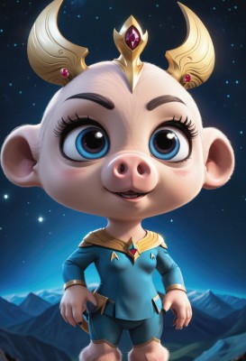 1girl,solo,breasts,looking at viewer,blush,smile,open mouth,blue eyes,shirt,long sleeves,animal ears,jewelry,standing,full body,small breasts,outdoors,sky,teeth,pants,fingernails,night,fangs,crown,blue shirt,gem,star (sky),night sky,claws,furry,starry sky,mountain,furry female,sharp fingernails,space,buck teeth,horns,artist name,nail polish,eyelashes,pig,hooves