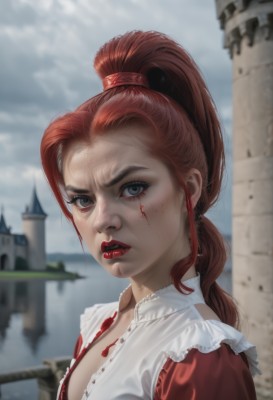 1girl,solo,long hair,breasts,looking at viewer,blue eyes,dress,cleavage,medium breasts,upper body,ponytail,red hair,small breasts,outdoors,frills,parted lips,sky,day,artist name,cloud,water,blurry,lips,grey eyes,blood,makeup,depth of field,blurry background,red dress,cloudy sky,lipstick,portrait,freckles,blood on face,realistic,nose,red lips,blood on clothes,castle,teeth,eyelashes