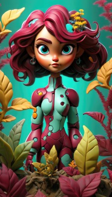 1girl,solo,breasts,looking at viewer,short hair,blue eyes,hair ornament,jewelry,flower,red hair,cowboy shot,earrings,small breasts,artist name,aqua eyes,lips,eyelashes,bodysuit,makeup,swept bangs,leaf,plant,arms at sides,aqua background,pink hair,joints,cyborg