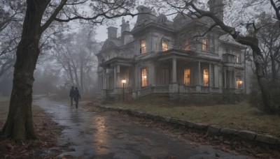 1girl,1boy,standing,outdoors,multiple boys,2boys,water,tree,window,building,nature,scenery,snow,forest,walking,road,autumn leaves,architecture,house,bare tree,fog,path,solo,sky,night,grass,door,dark,lamppost