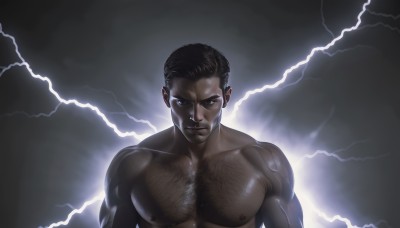 solo,looking at viewer,short hair,black hair,1boy,closed mouth,nipples,upper body,male focus,nude,dark skin,muscular,facial hair,abs,dark-skinned male,pectorals,muscular male,bara,large pectorals,veins,topless male,realistic,manly,chest hair,lightning,very dark skin,electricity