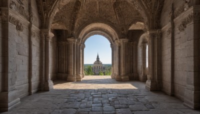 outdoors,sky,day,cloud,tree,blue sky,no humans,window,sunlight,building,scenery,stairs,wall,architecture,pillar,church,arch,column,stone floor,plant,statue,pavement