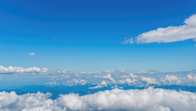 outdoors,sky,day,cloud,blue sky,no humans,bird,ocean,cloudy sky,scenery,blue theme,horizon,landscape,above clouds,monochrome,water