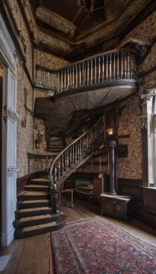 indoors,no humans,scenery,wooden floor,stairs,door,railing,lamp,architecture,pillar,carpet,arch,chandelier,chair,candle,throne,candlestand,rug,column