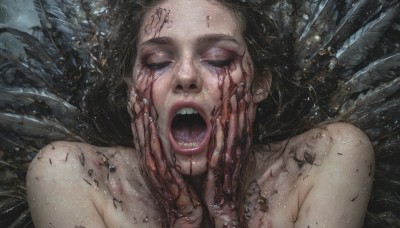 1girl,solo,long hair,open mouth,blue eyes,brown hair,black hair,bare shoulders,closed eyes,upper body,nude,wings,teeth,tears,lips,eyelashes,blood,makeup,half-closed eyes,crying,portrait,freckles,realistic,hands on own face,looking at viewer,collarbone,tongue,artist name,fingernails,feathers,facing viewer,veins,blood on face,cracked skin