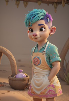 1girl,solo,smile,short hair,shirt,1boy,animal ears,brown eyes,jewelry,closed mouth,blue hair,standing,tail,purple hair,short sleeves,male focus,multicolored hair,earrings,outdoors,green hair,day,collared shirt,blurry,looking at another,black eyes,apron,two-tone hair,tree,blurry background,bird,floral print,blue shirt,child,furry,personification,freckles,brown background,hand in pocket,hands in pockets,furry female,basket,female child,male child,deer ears,buck teeth,hawaiian shirt,simple background,flower,rock,sand,desert,eggplant