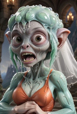 1girl,solo,breasts,looking at viewer,open mouth,dress,cleavage,brown eyes,medium breasts,green eyes,collarbone,upper body,green hair,teeth,pointy ears,blurry,wet,blurry background,colored skin,fangs,own hands together,sharp teeth,monster girl,wet clothes,veil,tentacle hair,candle,green skin,slime (substance),church,small breasts,shiny,artist name,indoors,lips,see-through,sleeveless dress,watermark,web address,realistic,nose,orange dress,horror (theme)