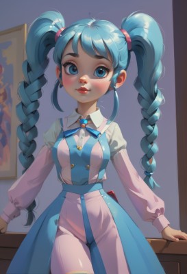 1girl,solo,long hair,breasts,looking at viewer,blush,smile,bangs,blue eyes,skirt,shirt,hair ornament,long sleeves,bow,twintails,jewelry,medium breasts,very long hair,closed mouth,blue hair,standing,white shirt,braid,cowboy shot,earrings,puffy sleeves,shiny,pants,artist name,indoors,shiny hair,twin braids,lips,see-through,aqua hair,makeup,juliet sleeves,brooch,gem,puffy long sleeves,freckles,red lips,dress,ribbon,neck ribbon,blue dress,thick eyebrows,blue ribbon