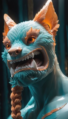 solo,long hair,looking at viewer,smile,open mouth,animal ears,braid,teeth,artist name,blurry,orange eyes,no humans,single braid,mask,blurry background,animal,fangs,sharp teeth,portrait,colored sclera,animal focus,orange fur,brown hair,collarbone,tongue,signature,facial hair,scar,sunlight,braided ponytail,light rays,realistic,scar across eye