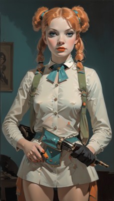 1girl,solo,long hair,breasts,looking at viewer,blue eyes,shirt,gloves,long sleeves,ribbon,holding,twintails,standing,white shirt,weapon,braid,cowboy shot,parted lips,black gloves,collared shirt,belt,indoors,nail polish,holding weapon,orange hair,twin braids,lips,fingernails,gun,makeup,buttons,white skirt,blue ribbon,lipstick,sheath,holding gun,handgun,single glove,freckles,contrapposto,red lips,double-breasted,half gloves,blush,bangs,skirt,medium breasts,closed mouth,miniskirt,bag,hair bun,parted bangs,double bun,neck ribbon