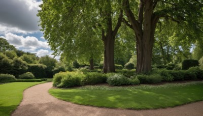 outdoors,sky,day,cloud,tree,blue sky,no humans,sunlight,cloudy sky,grass,nature,scenery,forest,road,bush,landscape,path,field