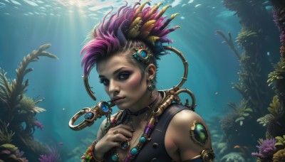 1girl,solo,looking at viewer,short hair,hair ornament,bare shoulders,brown eyes,jewelry,upper body,pink hair,purple hair,multicolored hair,earrings,sleeveless,choker,dark skin,necklace,nail polish,bracelet,two-tone hair,dark-skinned female,lips,eyelashes,makeup,piercing,sunlight,ring,plant,lipstick,ear piercing,pink nails,armlet,eyeshadow,fish,bubble,asymmetrical hair,light rays,underwater,nose,eyeliner,undercut,cyborg,mascara,mohawk,coral,breasts,black hair,cleavage,flower,collar,feathers,hand on own chest,gem,air bubble,feather hair ornament,facepaint,eyebrow piercing,seaweed