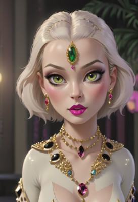 1girl,solo,breasts,looking at viewer,blush,smile,short hair,blonde hair,hair ornament,cleavage,jewelry,medium breasts,closed mouth,green eyes,collarbone,upper body,earrings,artist name,indoors,necklace,blurry,lips,clothing cutout,eyelashes,makeup,blurry background,lipstick,gem,forehead,armlet,pendant,eyeshadow,freckles,circlet,nose,red lips,eyeliner,purple lips,gold,mascara,green gemstone,yellow eyes,parted lips