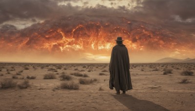 solo,1boy,hat,standing,male focus,outdoors,sky,cloud,from behind,cape,coat,black headwear,cloudy sky,fire,scenery,smoke,mountain,desert,beach,cloak,top hat,sand,facing away,burning,molten rock