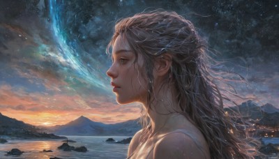 1girl,solo,long hair,brown hair,bare shoulders,brown eyes,upper body,outdoors,parted lips,sky,cloud,signature,water,from side,lips,wet,profile,night,looking away,messy hair,star (sky),wet clothes,night sky,scenery,starry sky,freckles,sunset,mountain,realistic,nose,wet hair,lake,grey hair,artist name,tears,eyelashes,ocean,portrait,looking afar,planet,sunrise